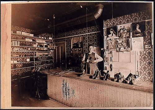 Interior photo of Sam Vero’s Shoe Repair which was located downtown on Main Street. Erica 1900. chs-001434